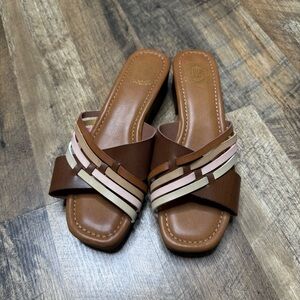 True Craft • Brown Leather Slip-On Sandals with Multi-Color  Straps Size 7.5